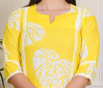 "Sunny Elegance: Yellow Cotton Kurta and Pant Set"