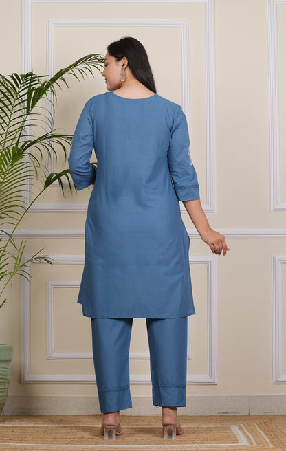 Blue Cotton Kurta Pant Set for Women