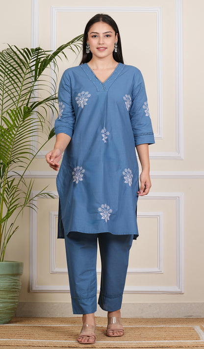 Blue Cotton Kurta Pant Set for Women