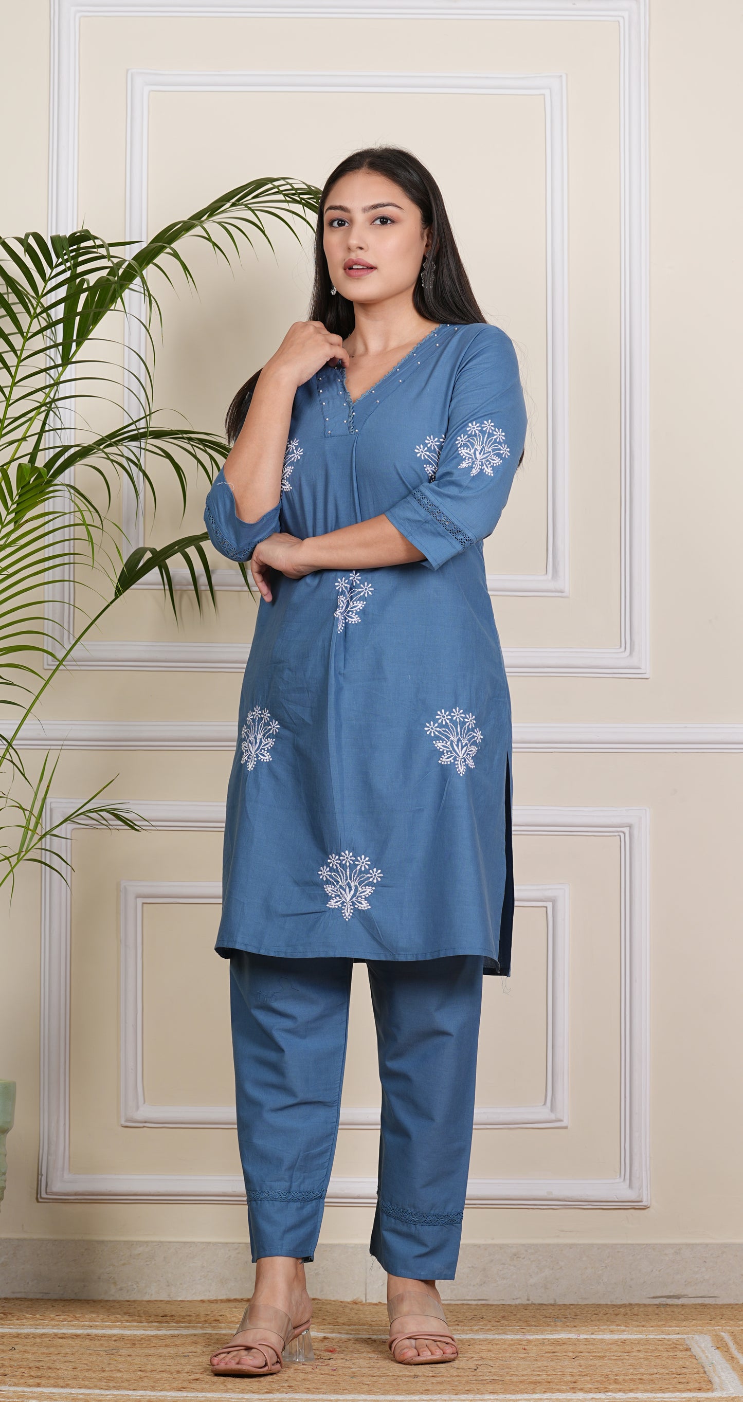 Blue Cotton Kurta Pant Set for Women