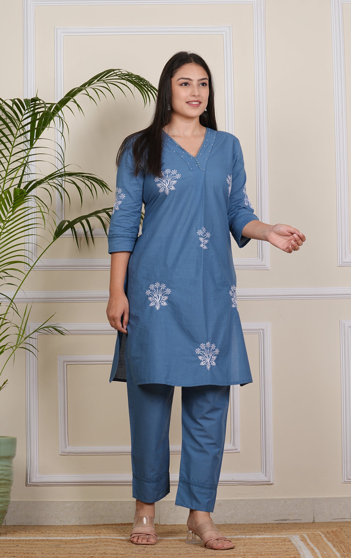 Blue Cotton Kurta Pant Set for Women