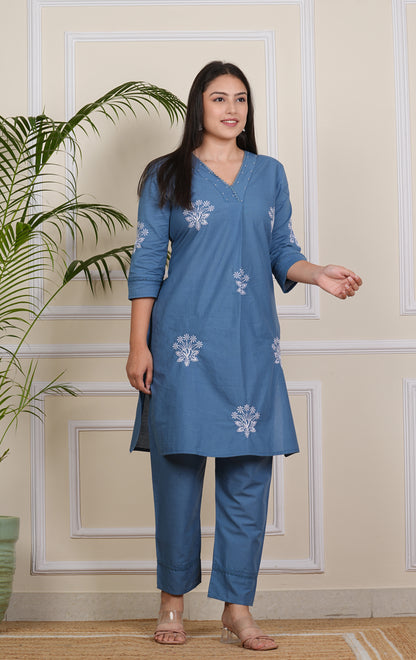 Blue Cotton Kurta Pant Set for Women