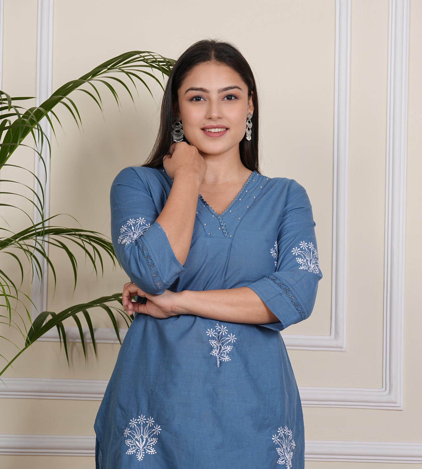 Blue Cotton Kurta Pant Set for Women