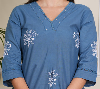 Blue Cotton Kurta Pant Set for Women