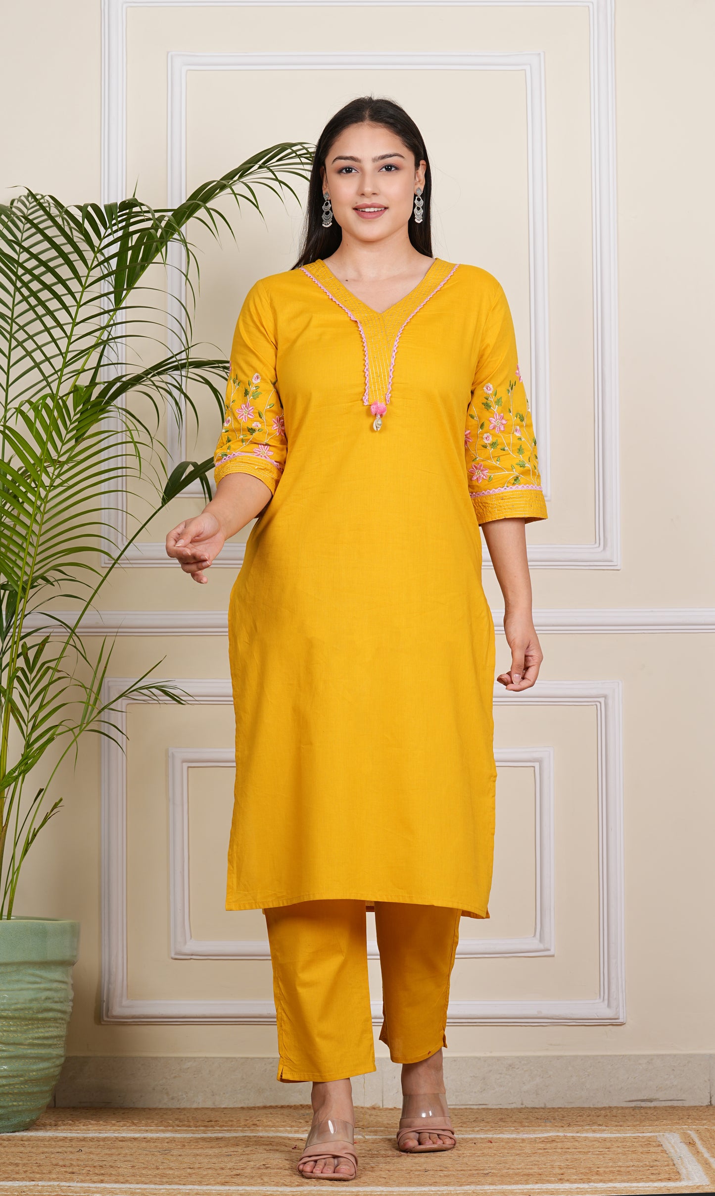 "Elegant Yellow Cotton Kurta Pant Set for Effortless Style"