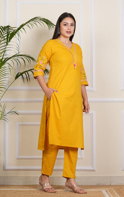 "Elegant Yellow Cotton Kurta Pant Set for Effortless Style"