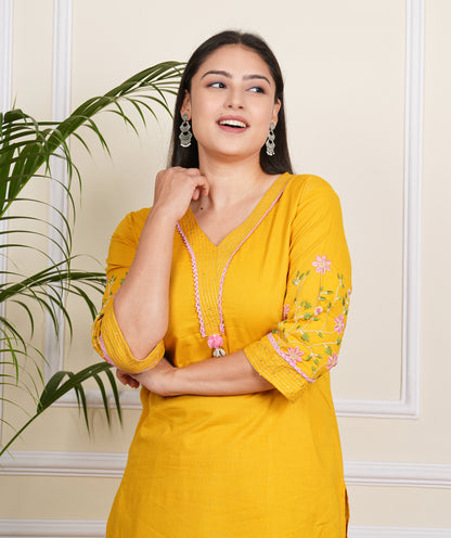 "Elegant Yellow Cotton Kurta Pant Set for Effortless Style"