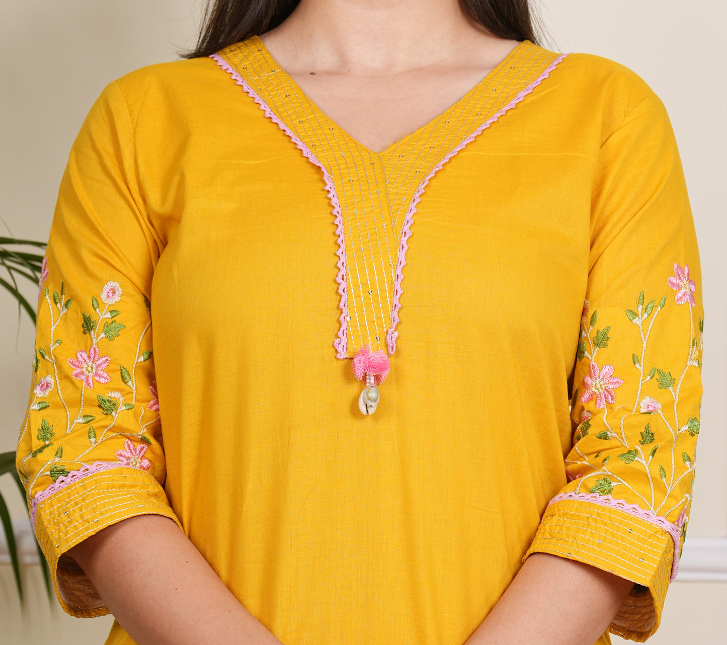 "Elegant Yellow Cotton Kurta Pant Set for Effortless Style"