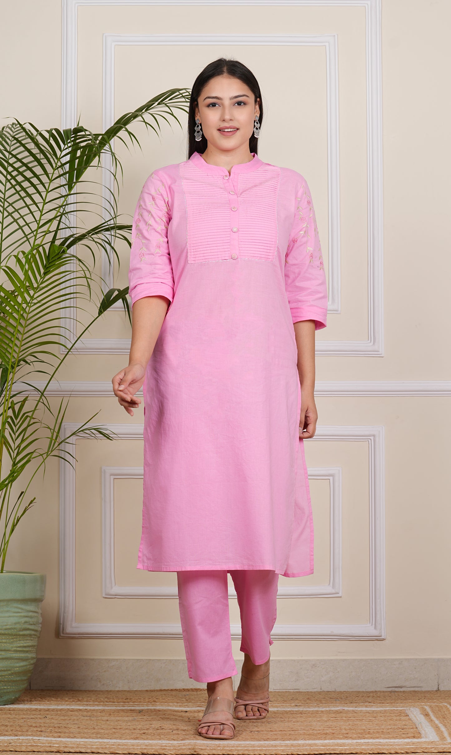 Blush Elegance: Light Pink Cotton Kurta-Pant Set