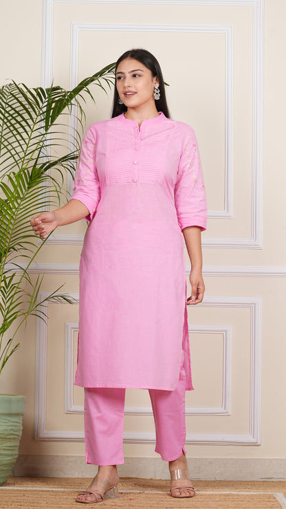 Blush Elegance: Light Pink Cotton Kurta-Pant Set