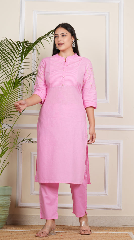 Blush Elegance: Light Pink Cotton Kurta-Pant Set