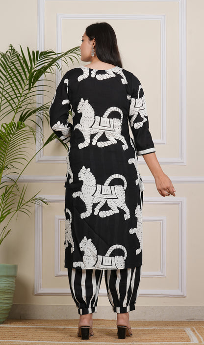 "Elegant Black Digital Printed Kurta Set with Pants"