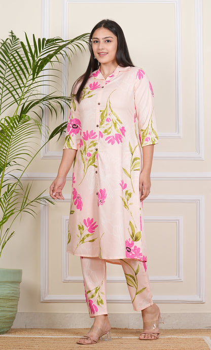 Chic Light Pink Cotton Kurti & Pant Ensemble