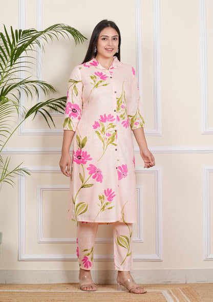 Chic Light Pink Cotton Kurti & Pant Ensemble