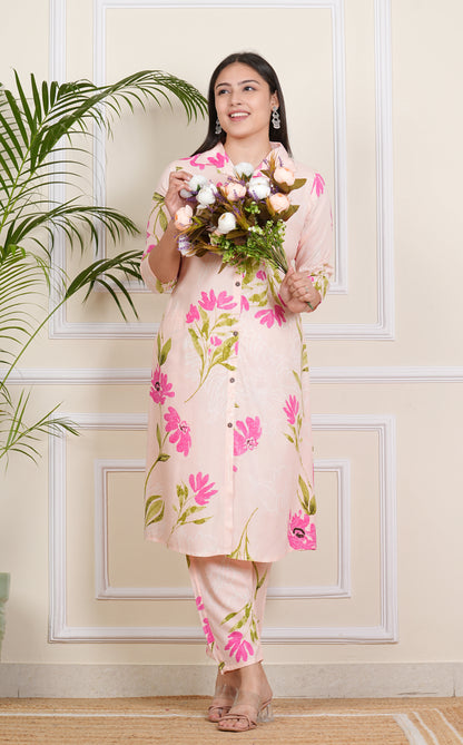 Chic Light Pink Cotton Kurti & Pant Ensemble