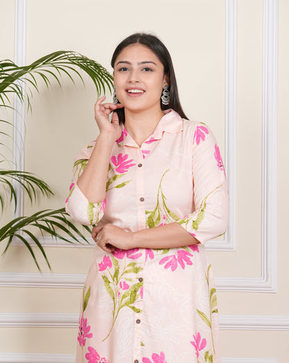 Chic Light Pink Cotton Kurti & Pant Ensemble