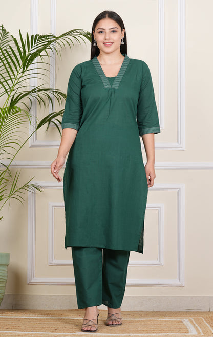 Chic Dark Green Cotton Kurti & Pant Set