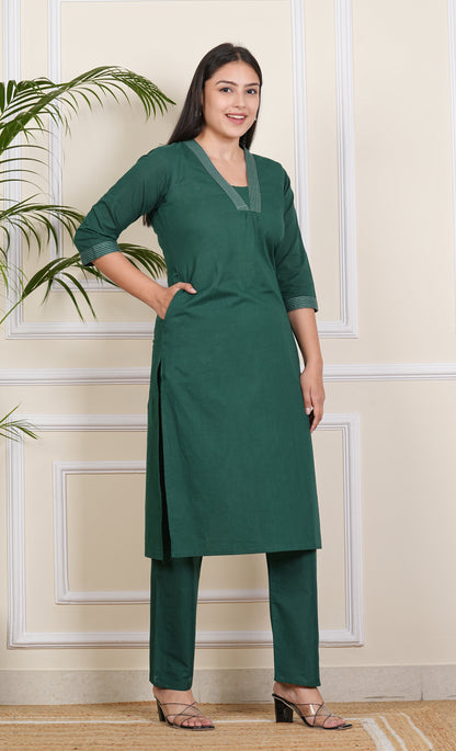 Chic Dark Green Cotton Kurti & Pant Set