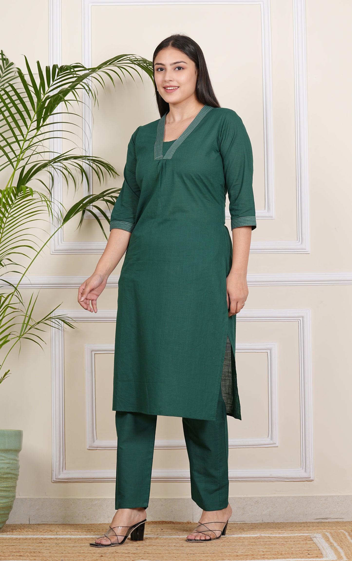 Chic Dark Green Cotton Kurti & Pant Set