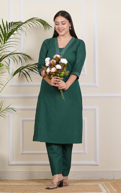 Chic Dark Green Cotton Kurti & Pant Set