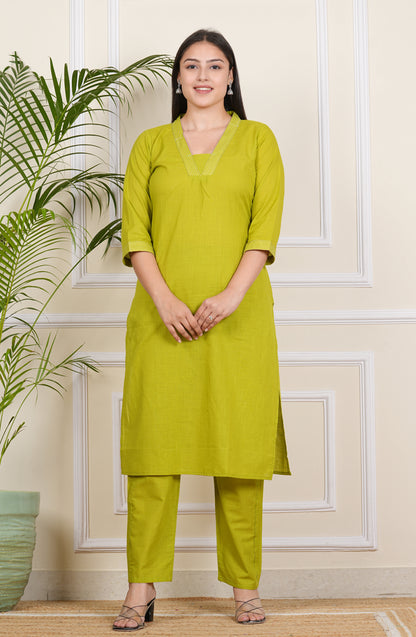 Elegant Parrot Green Cotton Kurti with Pant Set