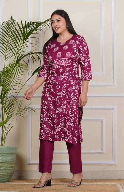 "Elegant Wine Kurta Pant Rayon Set for Effortless Style"