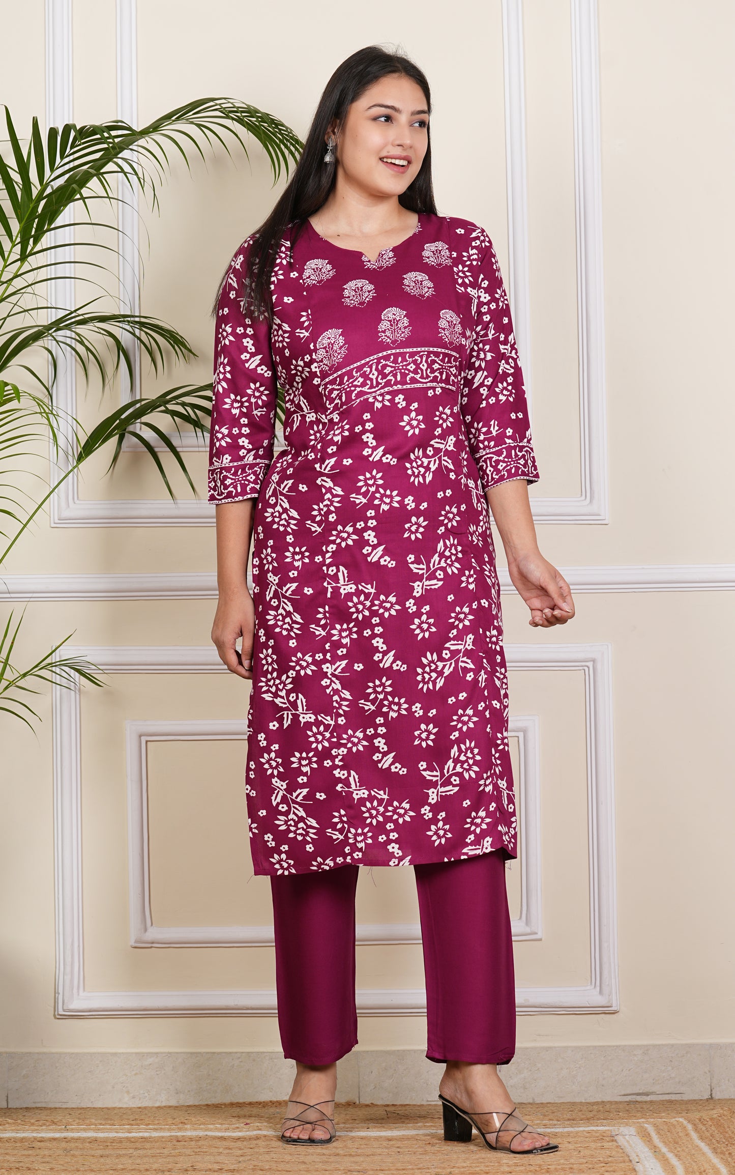 "Elegant Wine Kurta Pant Rayon Set for Effortless Style"