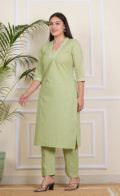 Refreshing Light Green Cotton Kurti with Pants"