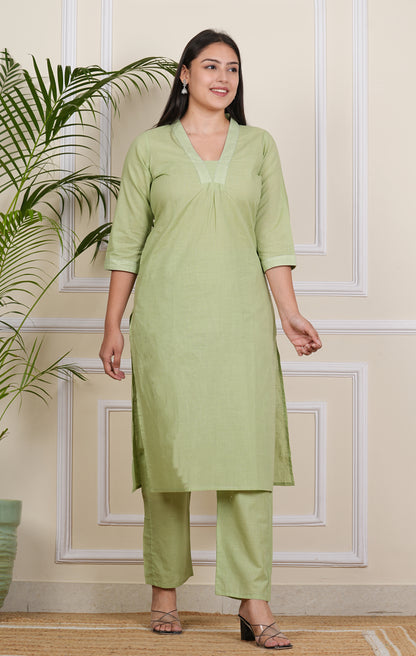 Refreshing Light Green Cotton Kurti with Pants"