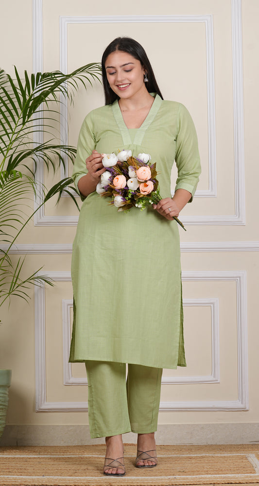 Refreshing Light Green Cotton Kurti with Pants"