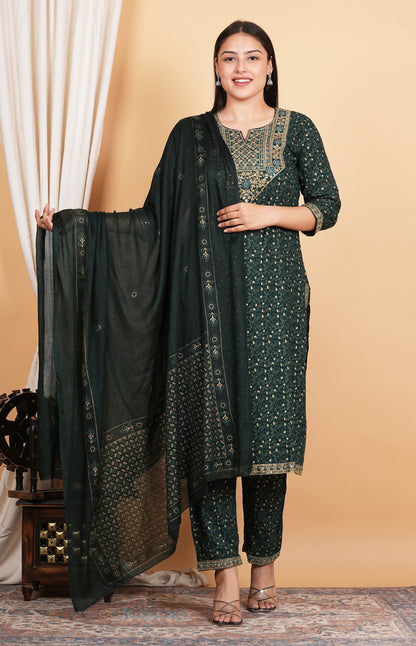 LIBASRACHNA Sequence Embroidered Dark Green Kurta And Pant Set With Dupatta