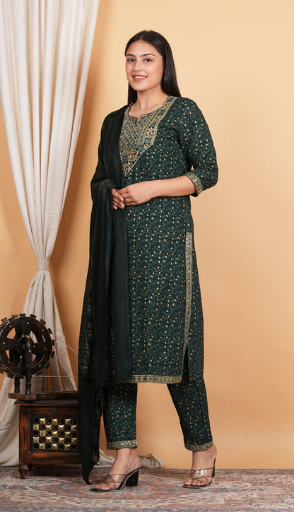 LIBASRACHNA Sequence Embroidered Dark Green Kurta And Pant Set With Dupatta