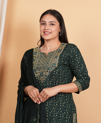 LIBASRACHNA Sequence Embroidered Dark Green Kurta And Pant Set With Dupatta