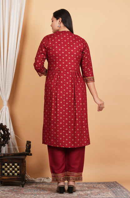 LIBASRACHNA Maroon Handwork Embroidered Kurta And Pant Set With Dupatta