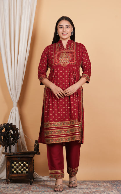 LIBASRACHNA Maroon Handwork Embroidered Kurta And Pant Set With Dupatta