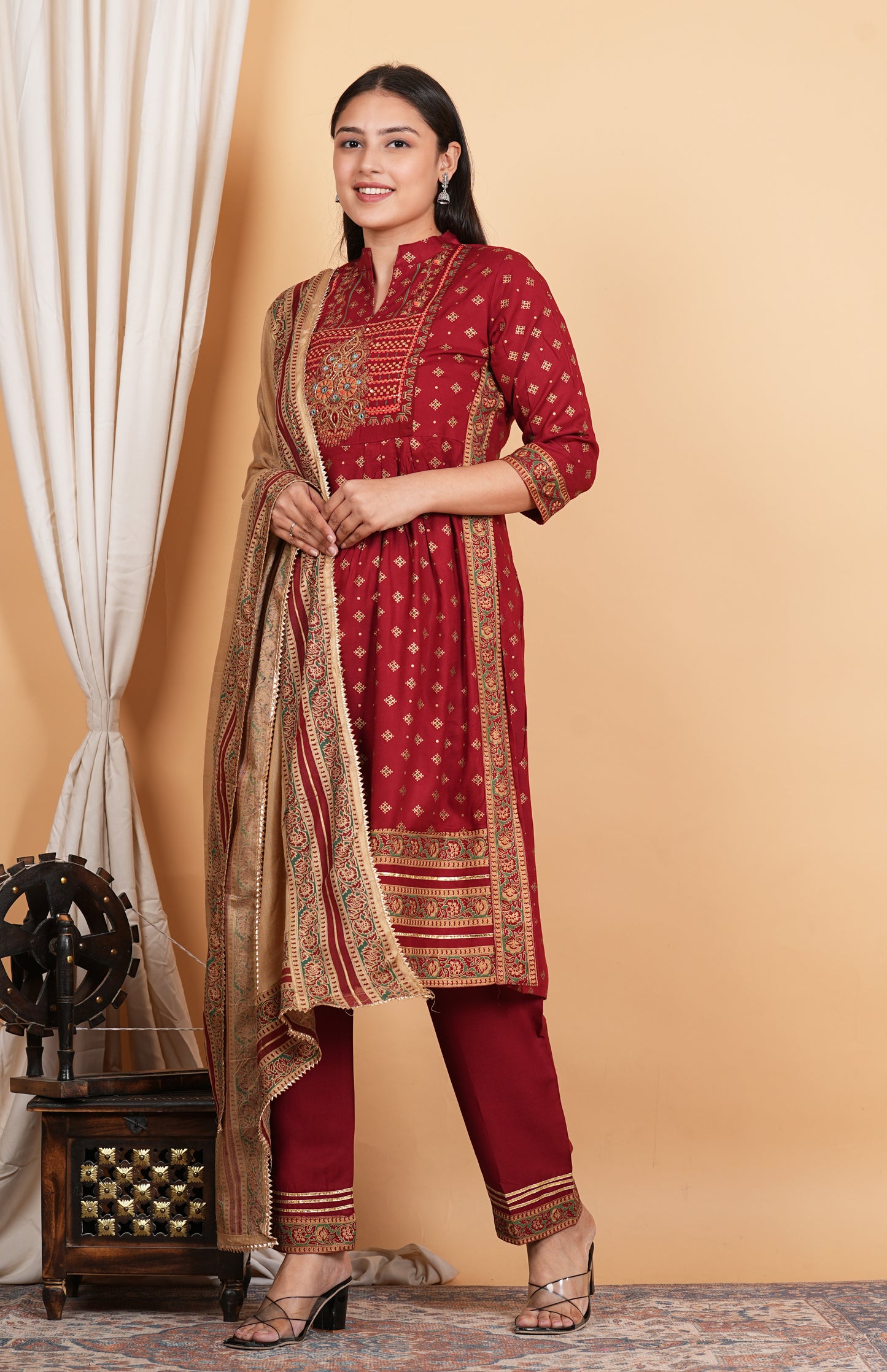 LIBASRACHNA Maroon Handwork Embroidered Kurta And Pant Set With Dupatta