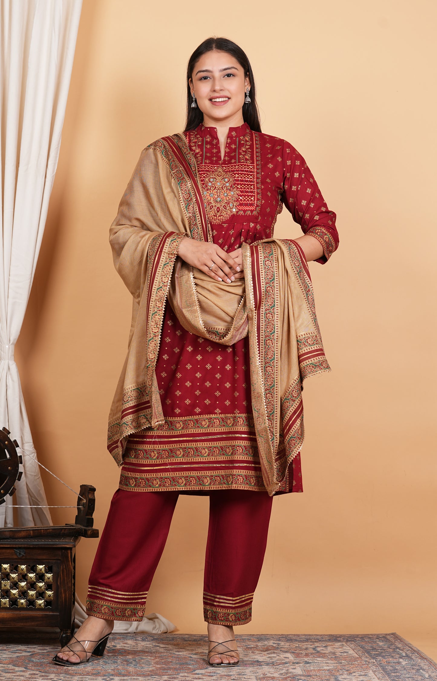 LIBASRACHNA Maroon Handwork Embroidered Kurta And Pant Set With Dupatta