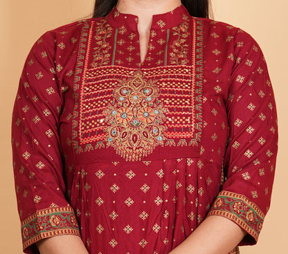 LIBASRACHNA Maroon Handwork Embroidered Kurta And Pant Set With Dupatta