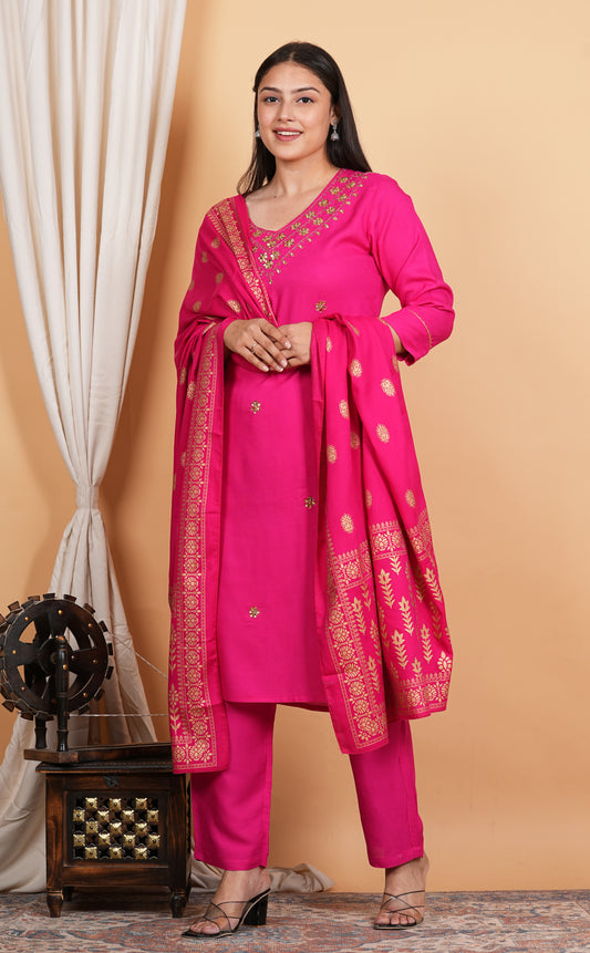 Blush Elegance: Pink Kurti Set with Pants & Dupatta