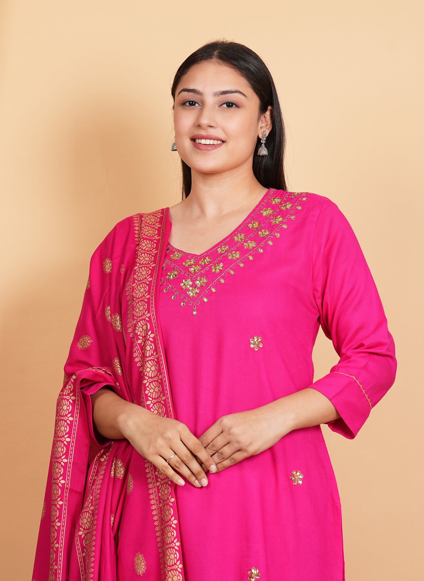 Blush Elegance: Pink Kurti Set with Pants & Dupatta