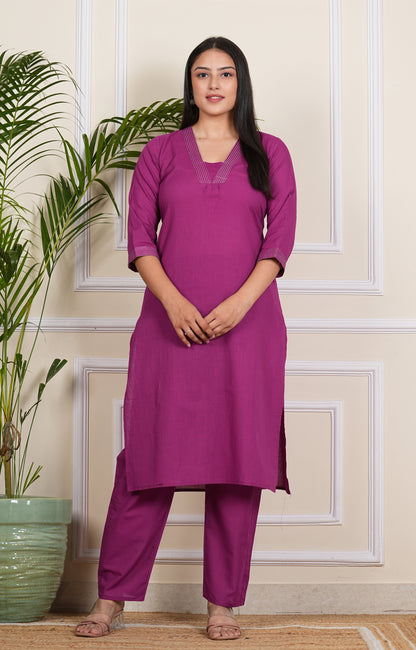 "Elegant Purple Cotton Kurti with Matching Pants"