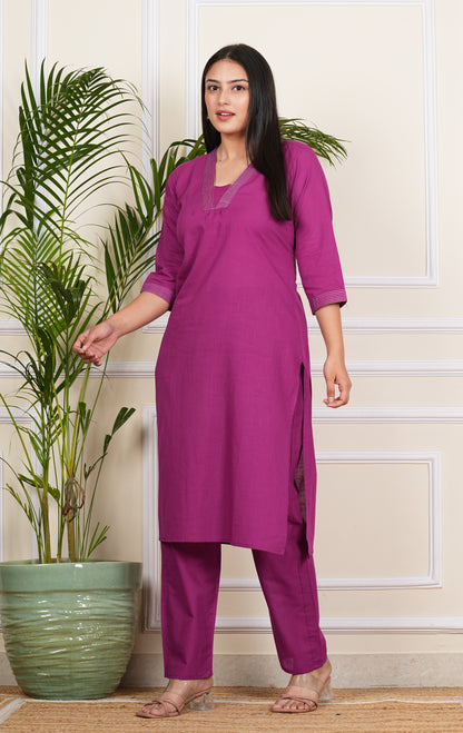 "Elegant Purple Cotton Kurti with Matching Pants"