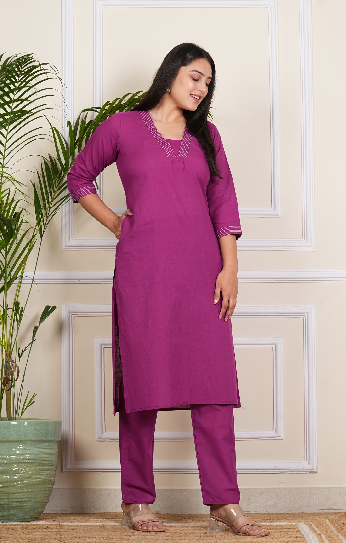 "Elegant Purple Cotton Kurti with Matching Pants"