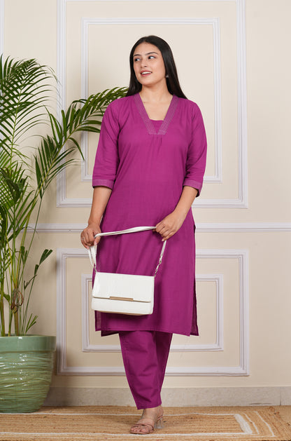 "Elegant Purple Cotton Kurti with Matching Pants"