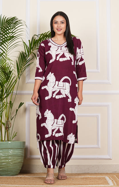 "Elegant wine Digital Printed Kurta Set with Pants"