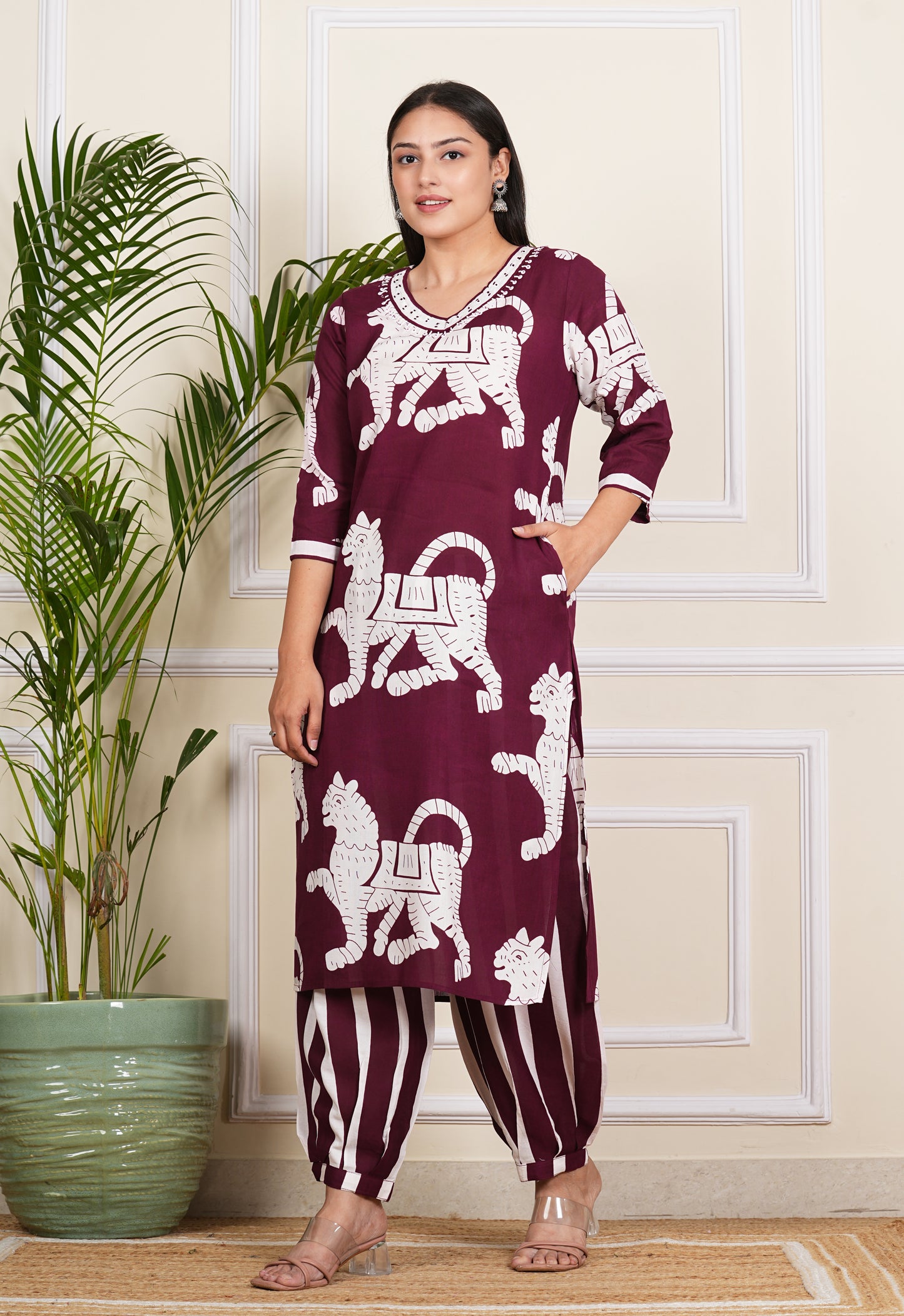 "Elegant wine Digital Printed Kurta Set with Pants"