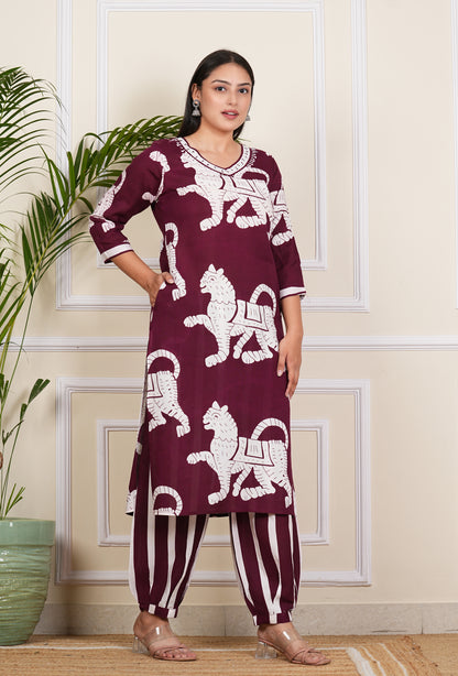 "Elegant wine Digital Printed Kurta Set with Pants"