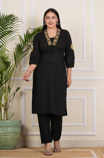 Cotton A-Line Kurta with pants - BLACK