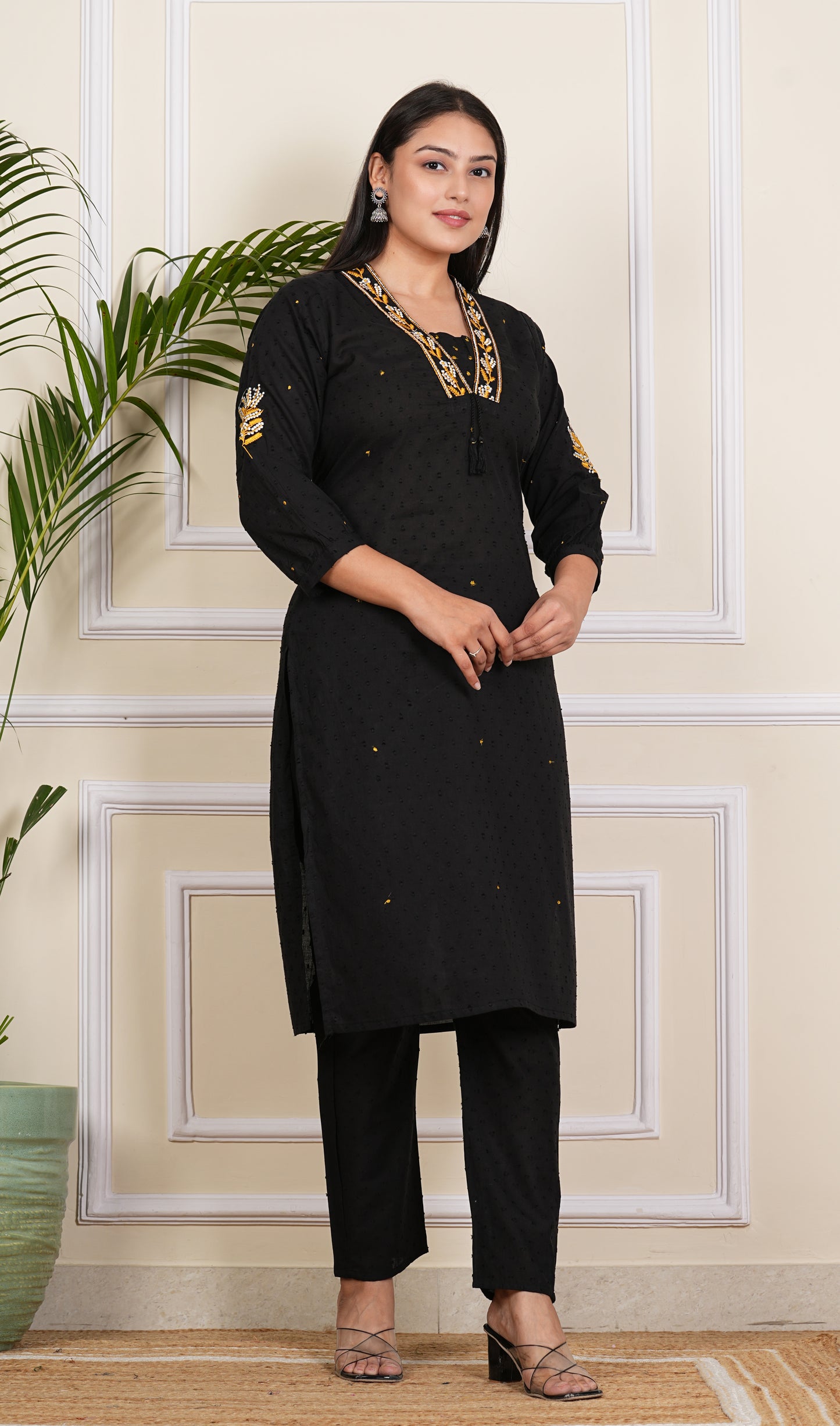 Cotton A-Line Kurta with pants - BLACK