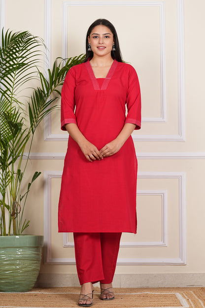 "Elegant red Cotton Kurti with Matching Pants"